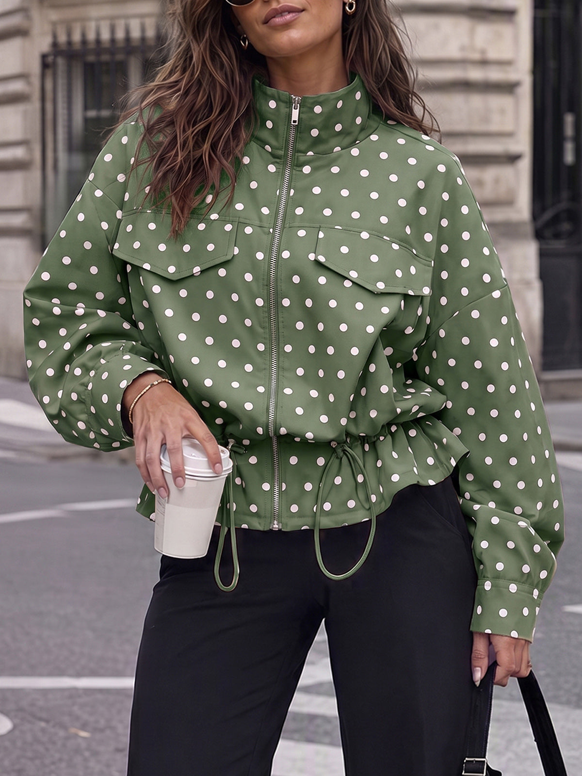 Zip Up Polka Dot Drwatring Jackets - Fisoew