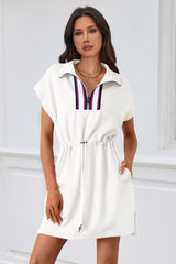 Fisoew Women's White Short Sleeve V Neck Casual Mini Dresses