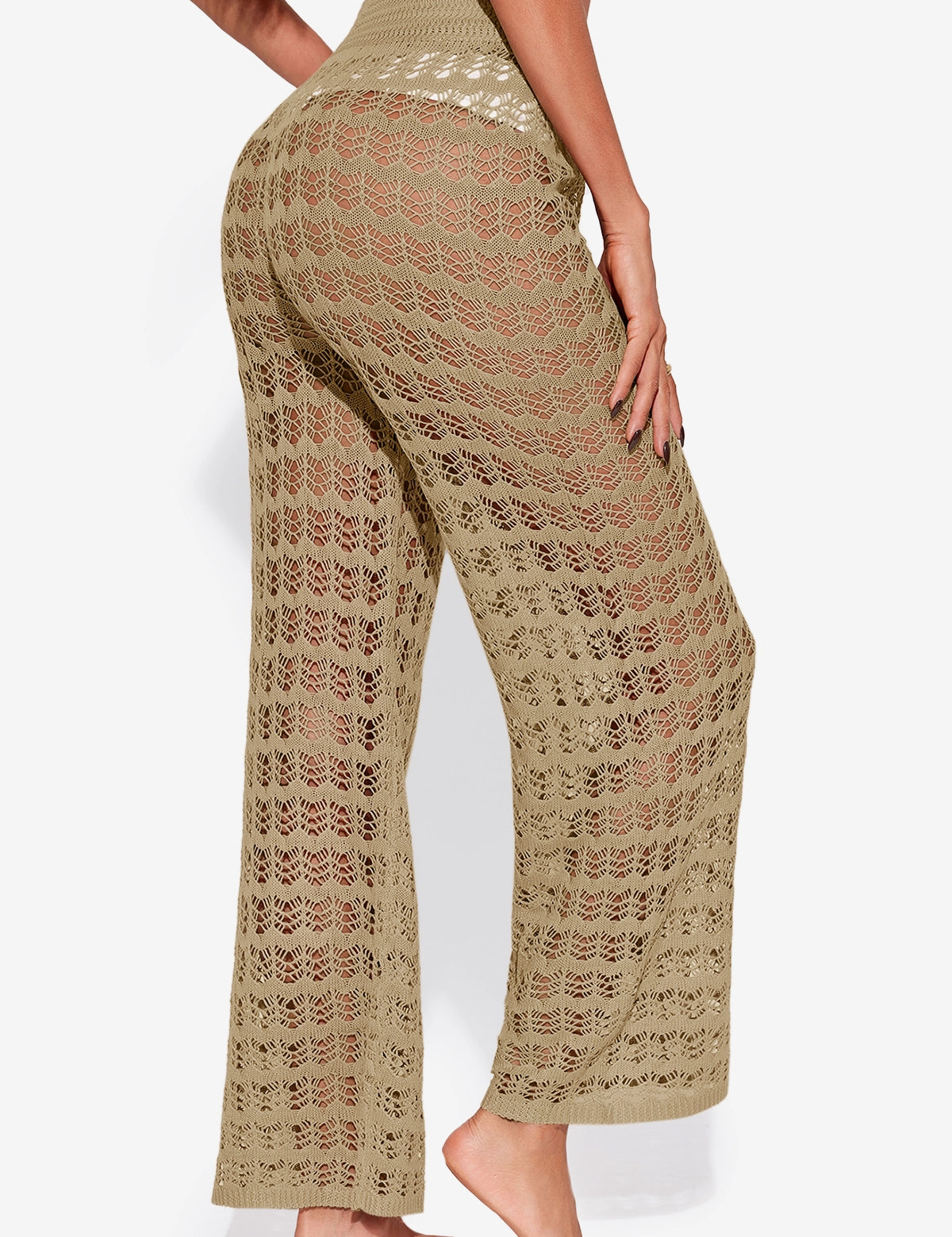 Fisoew Women‘s Khaki Crochet Sheer Mesh Cover Up Pants - Fisoew