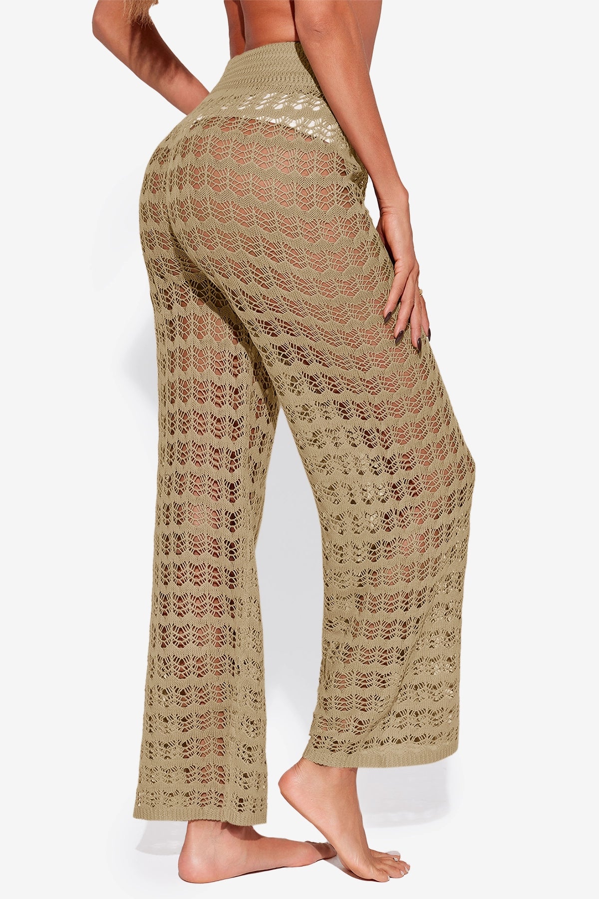 Fisoew Women‘s Khaki Crochet Sheer Mesh Cover Up Pants - Fisoew