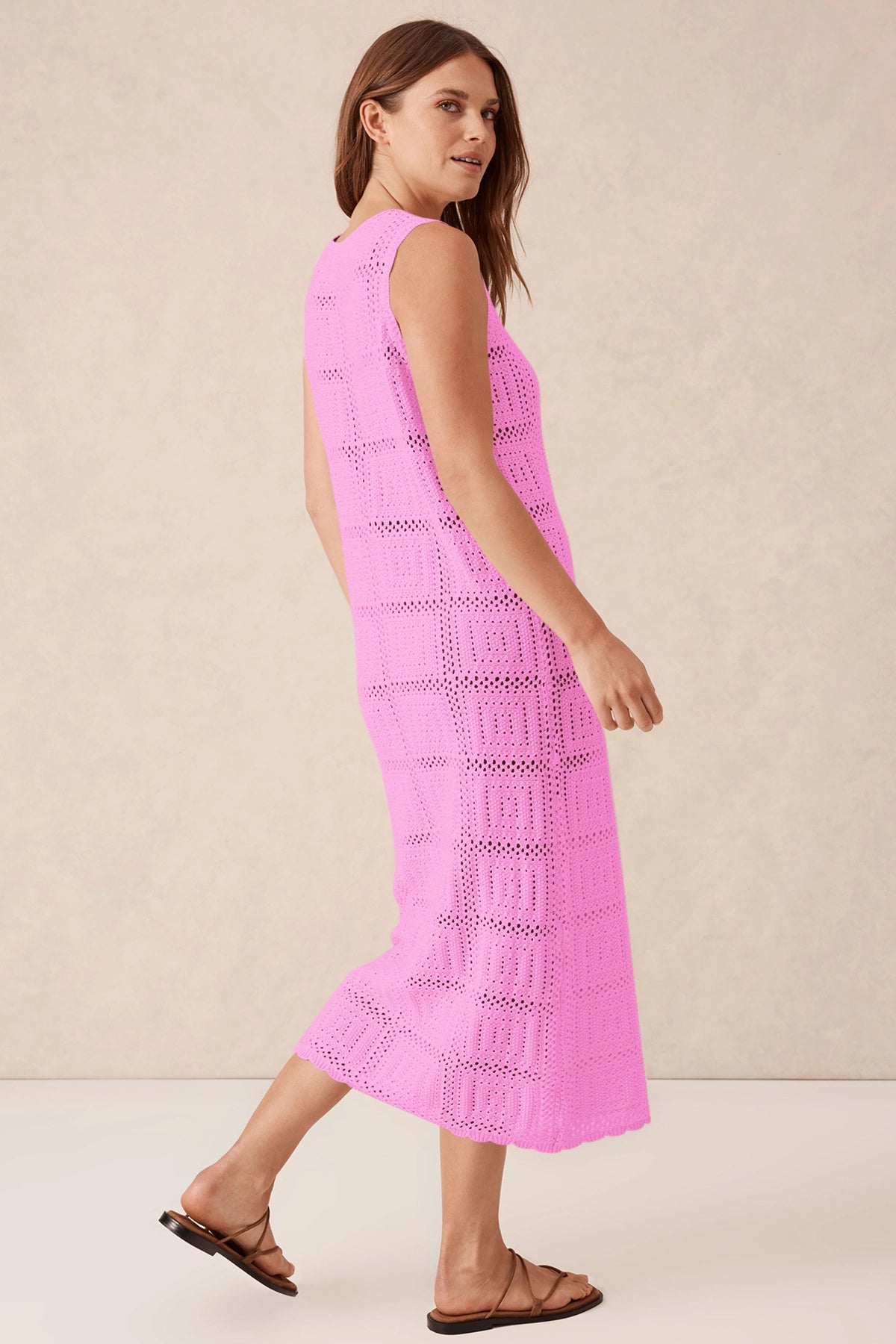 Fisoew Women's Pink Boho Knit Sleeveless Dress