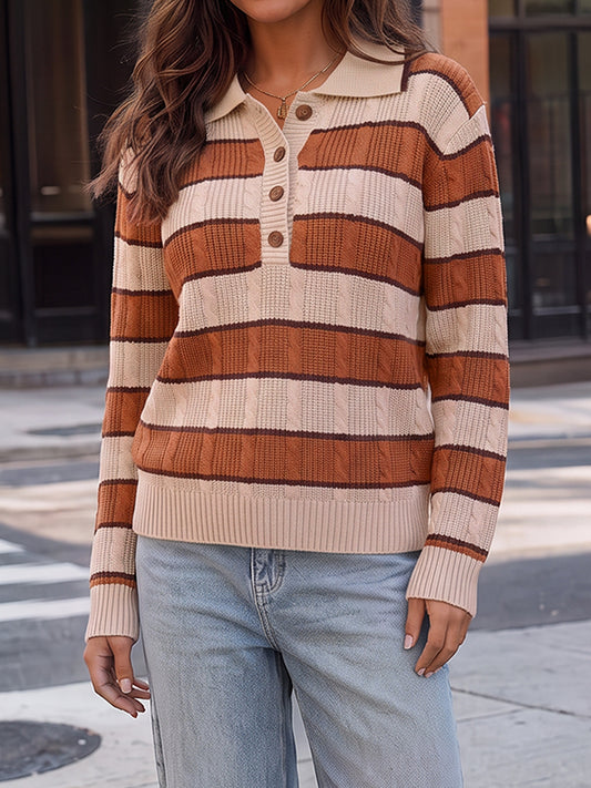 Colorblock Striped Half Button Pullovers - Fisoew