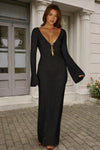Fisoew Women's Black Long Sleeve Sexy Bodycon Summer Knit Dresses - Fisoew