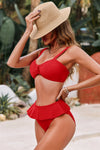 Fisoew Women's Red High Waisted Swimsuit Ruffle Bikini Sets - Fisoew
