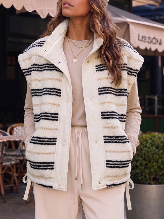 Fuzzy Fleece Striped Sleeveless Sherpa Vests