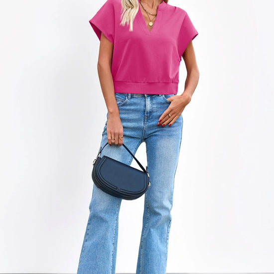 Fisoew Women's Rose Red V Neck Cap Sleeve Casual Loose Fit T Shirts - Fisoew
