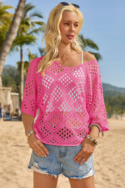 Womens Pink Summer Short Sleeve Crochet Swimsuit Fisoew