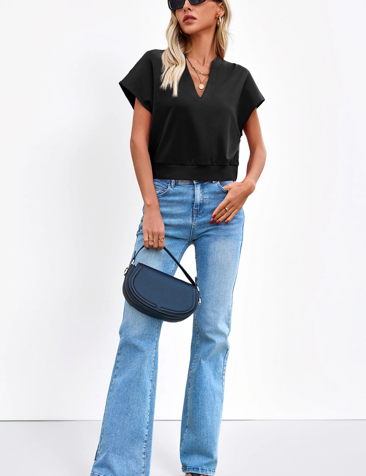 Fisoew Women's Black V Neck Cap Sleeve Casual Loose Fit T Shirts - Fisoew