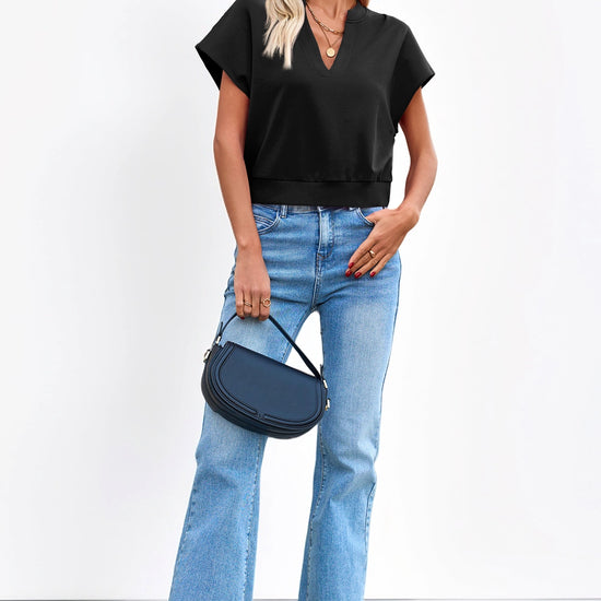 Fisoew Women's Black V Neck Cap Sleeve Casual Loose Fit T Shirts - Fisoew