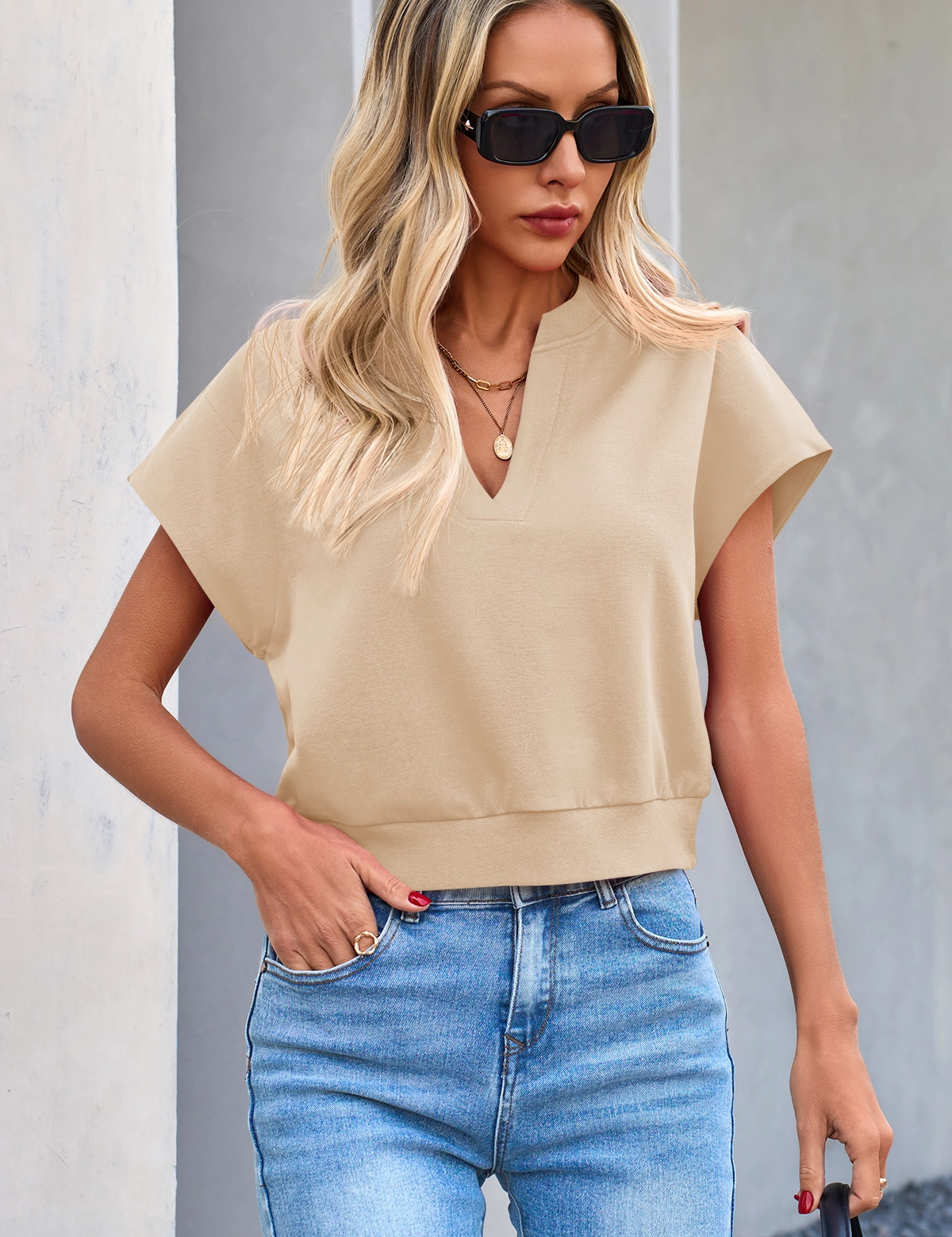 Fisoew Women's Light Khaki V Neck Cap Sleeve Casual Loose Fit T Shirts - Fisoew
