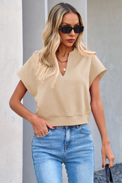 Fisoew Women's Light Khaki V Neck Cap Sleeve Casual Loose Fit T Shirts - Fisoew