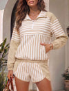 Striped Half-Zip Long Sleeve Tops With Short Sets