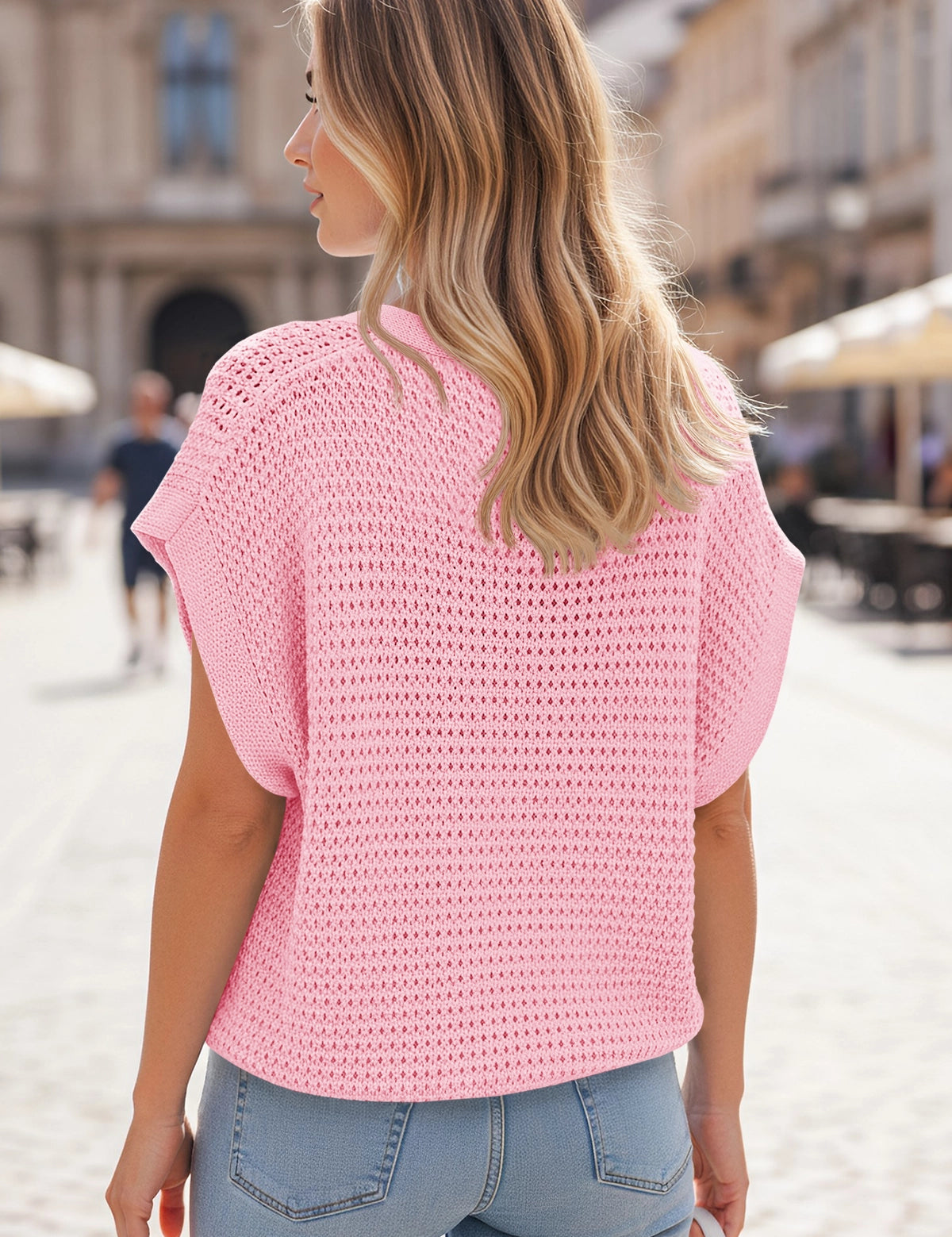 Fisoew Women's Pink Short Sleeve Crochet Cardigans Sweater Cover Ups - Fisoew