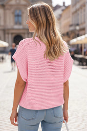 Fisoew Women's Pink Short Sleeve Crochet Cardigans Sweater Cover Ups - Fisoew