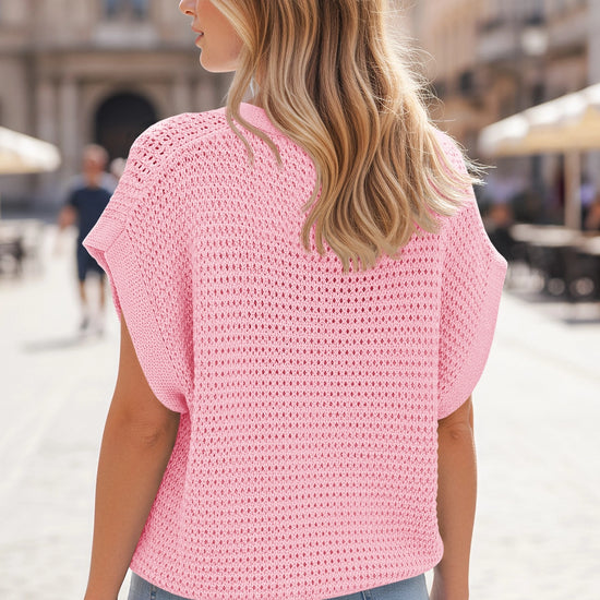 Fisoew Women's Pink Short Sleeve Crochet Cardigans Sweater Cover Ups - Fisoew