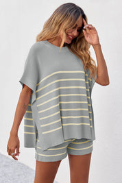 Fisoew Women's Light Grey Striped Oversized Lounge Short Sets - Fisoew