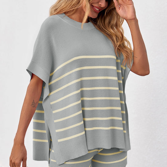 Fisoew Women's Light Grey Striped Oversized Lounge Short Sets - Fisoew