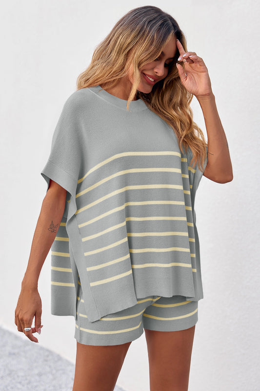 Fisoew Women's Light Grey Striped Oversized Lounge Short Sets - Fisoew