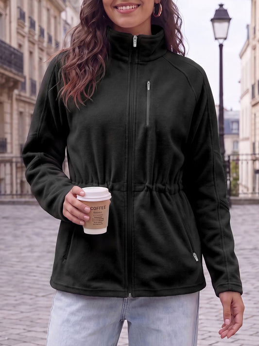 Mock Neck Drawstring Waist Fleece Coats
