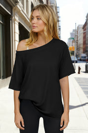 Fisoew Women's Black Off The Shoulder Tops Oversized  T-Shirts - Fisoew