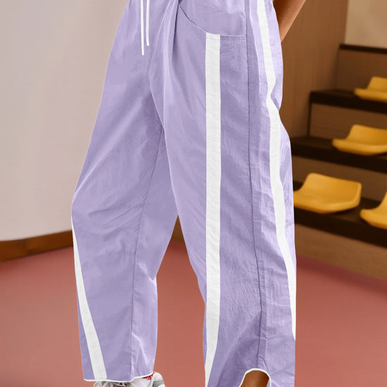 Women's Violet Drawstring Elastic Contrast Color Pants Fisoew - Fisoew