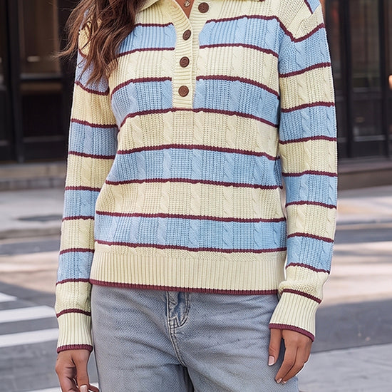Colorblock Striped Half Button Pullovers - Fisoew