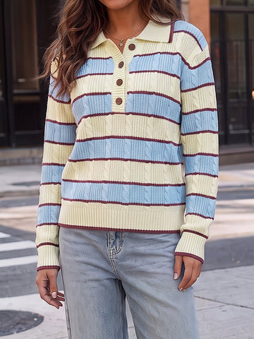 Colorblock Striped Half Button Pullovers - Fisoew