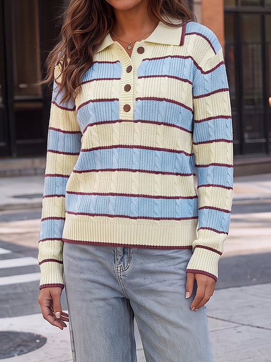 Colorblock Striped Half Button Pullovers - Fisoew