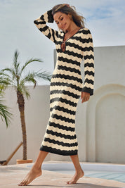 Fisoew Women's Black Striped Sexy Crochet Maxi Dress