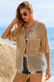 Fisoew Women's Khaki Crochet Lightweight Cardigan Sweaters Cover Up Shirts
