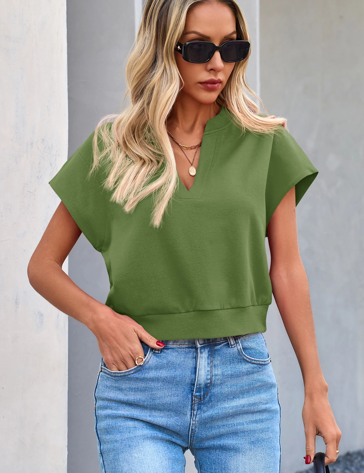 Fisoew Women's Army Green V Neck Cap Sleeve Casual Loose Fit T Shirts - Fisoew
