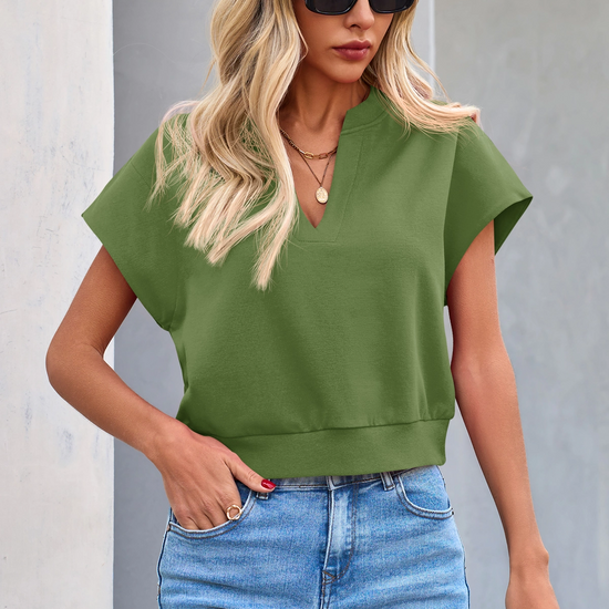 Fisoew Women's Army Green V Neck Cap Sleeve Casual Loose Fit T Shirts - Fisoew