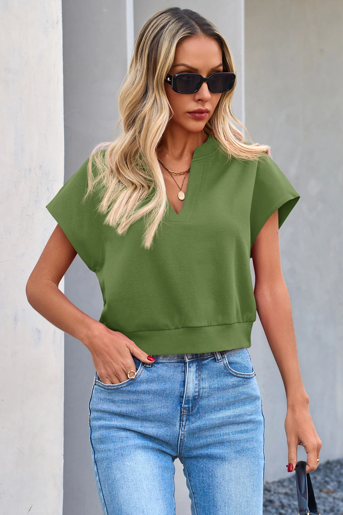 Fisoew Women's Army Green V Neck Cap Sleeve Casual Loose Fit T Shirts - Fisoew