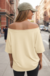 Fisoew Women's Beige Off The Shoulder Tops Oversized  T-Shirts - Fisoew