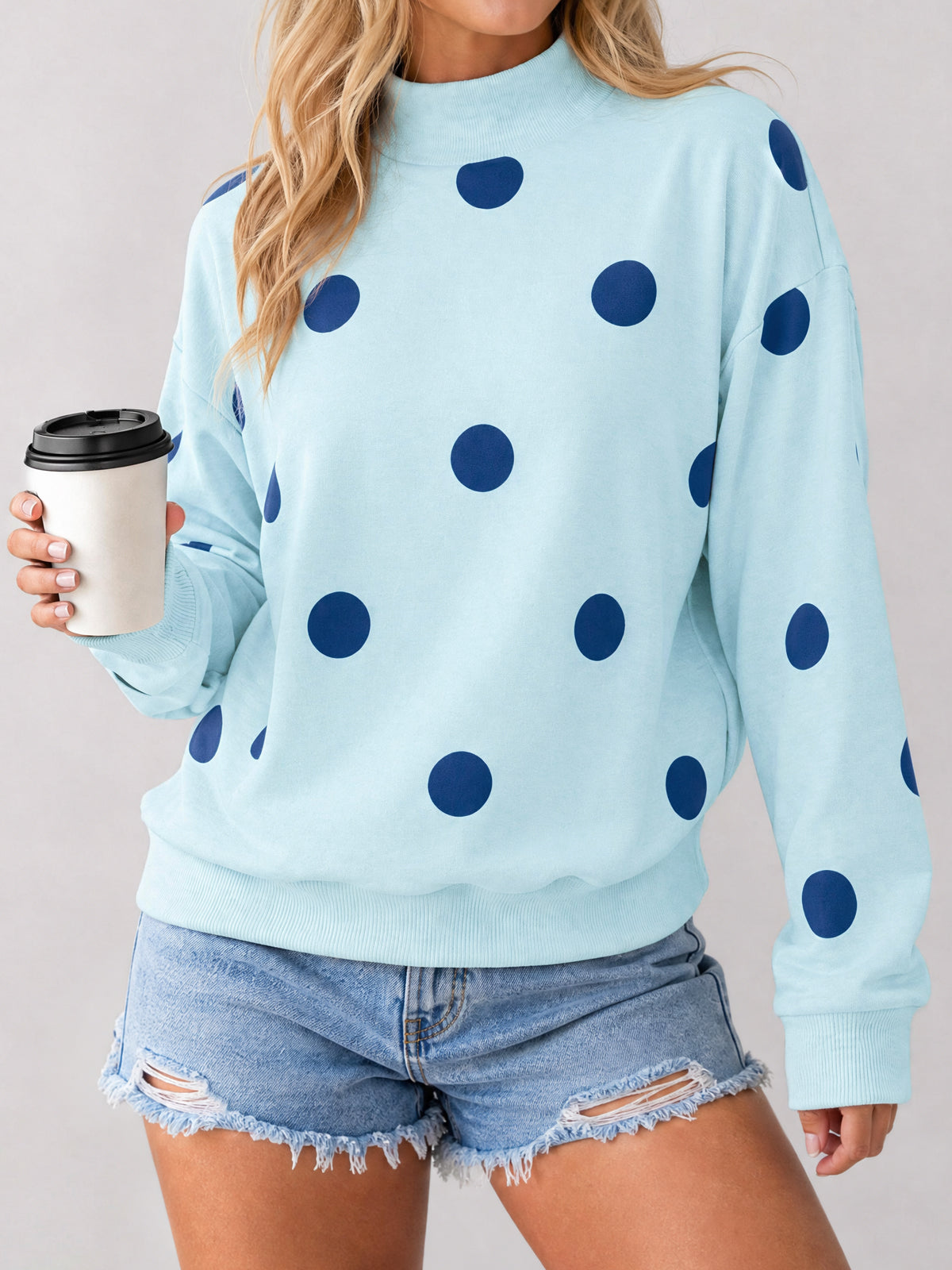 Mock Neck Long Sleeve Polka Dot Sweatshirts - Fisoew