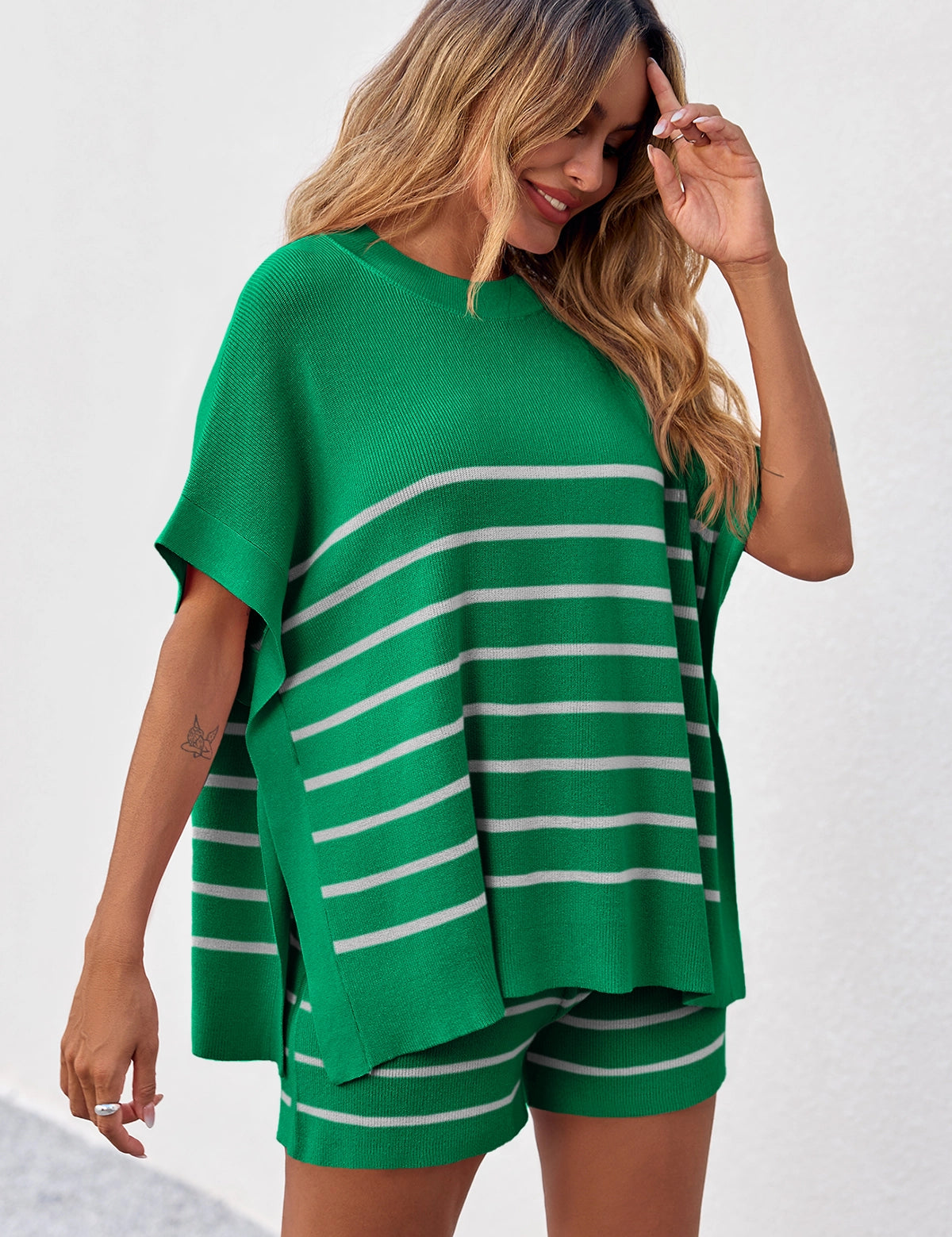 Fisoew Women's Green Striped Oversized Lounge Short Sets - Fisoew