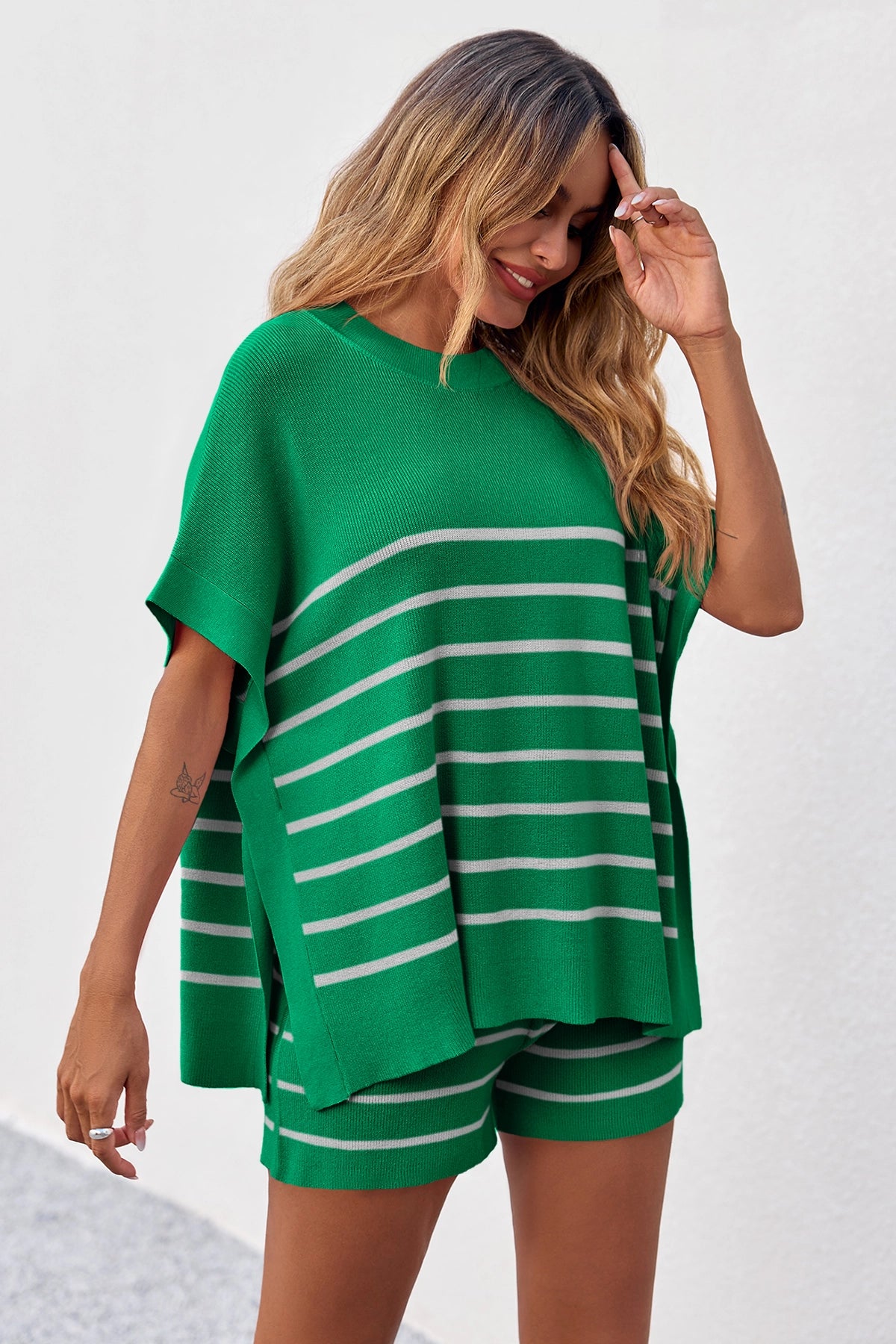 Fisoew Women's Green Striped Oversized Lounge Short Sets - Fisoew