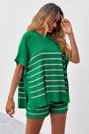Fisoew Women's Green Striped Oversized Lounge Short Sets - Fisoew