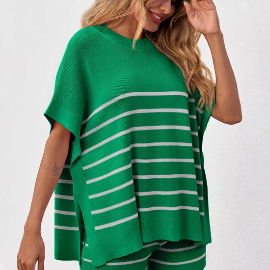 Fisoew Women's Green Striped Oversized Lounge Short Sets - Fisoew