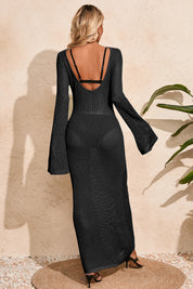 Fisoew Women's Black Crochet  Long Sleeve Sexy Swimsuit Maxi Dress - Fisoew