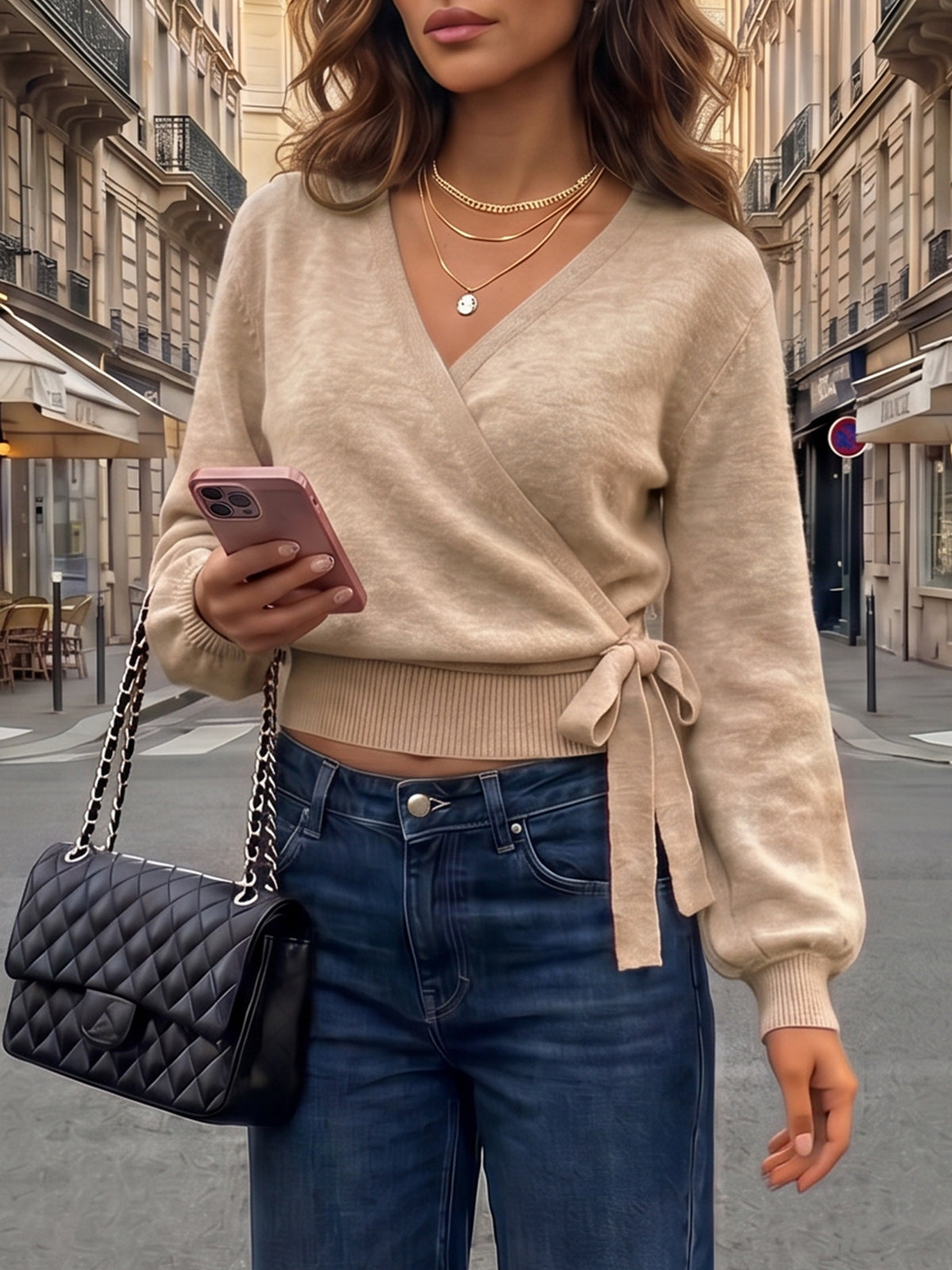 V Neck Tie Belted Crop Knit Sweaters - Fisoew