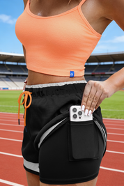 Fisoew Women's Black 2 in 1 Running High Split Athletic Shorts - Fisoew
