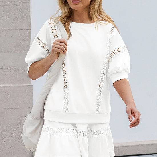Womens White Lace Trim Puff Sleeve Two Piece Skirt Set Fisoew - Fisoew