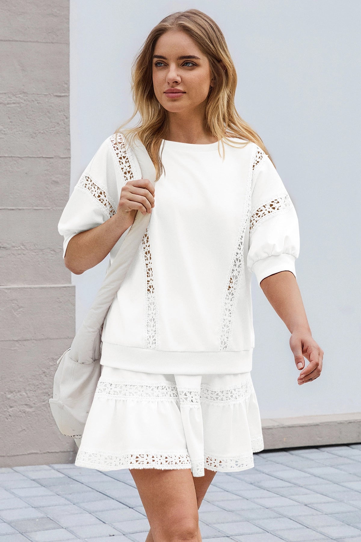 Womens White Lace Trim Puff Sleeve Two Piece Skirt Set Fisoew - Fisoew