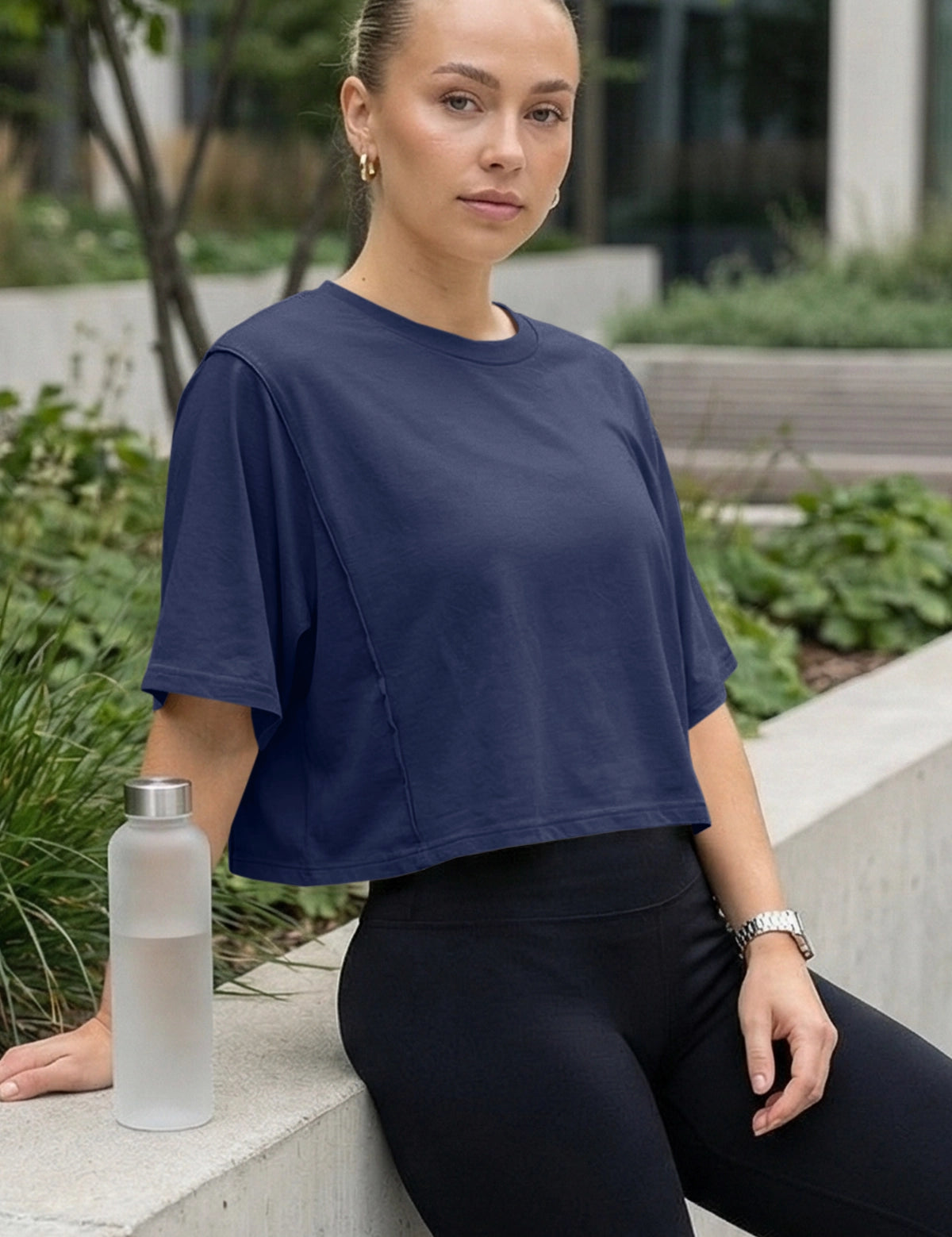 Fisoew Women's Navy Oversized Crop Tops Summer T-Shirt - Fisoew