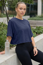 Fisoew Women's Navy Oversized Crop Tops Summer T-Shirt - Fisoew