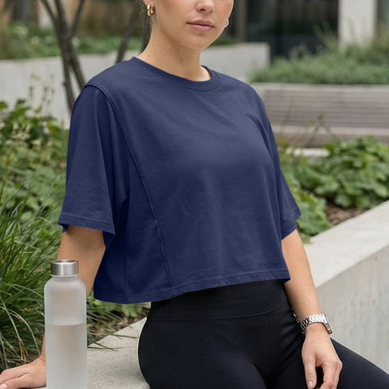 Fisoew Women's Navy Oversized Crop Tops Summer T-Shirt - Fisoew