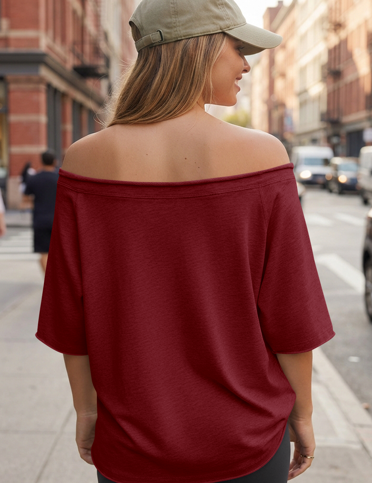 Fisoew Women's Burgundy Off The Shoulder Tops Oversized  T-Shirts - Fisoew