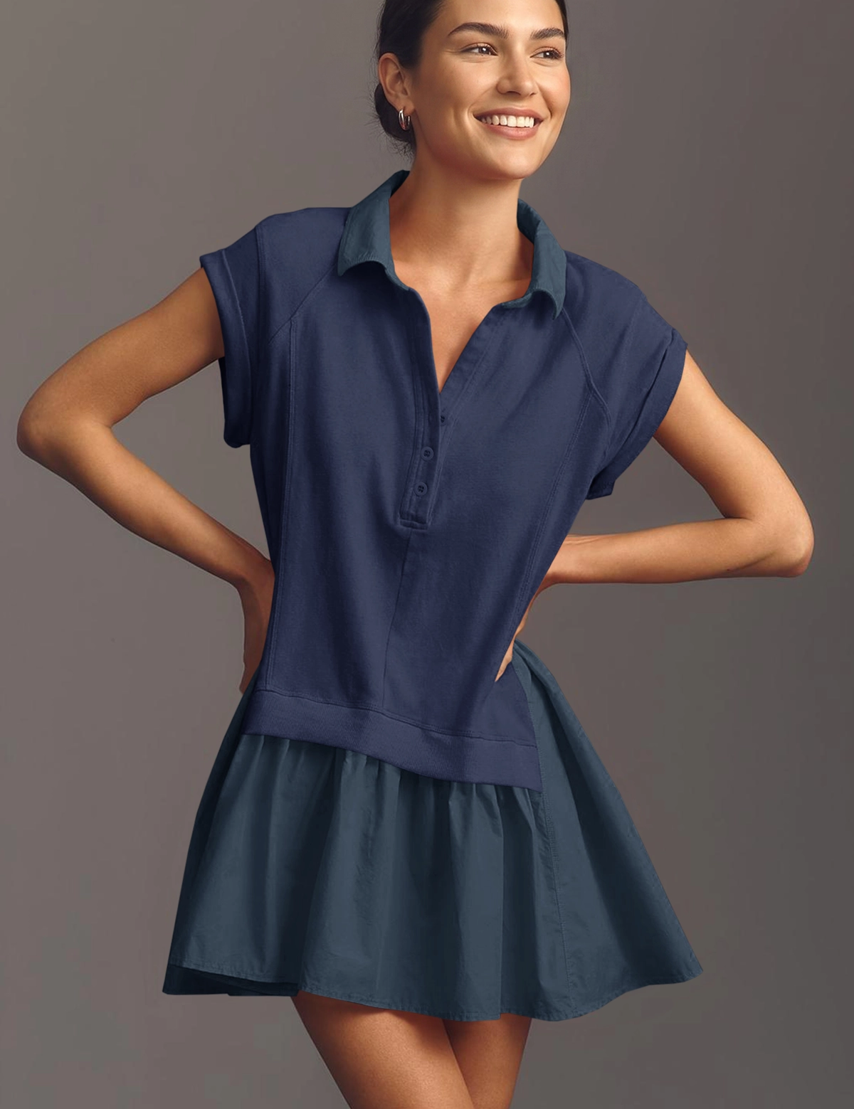 Fisoew Women's Dark Blue Oversized Patchwork Mini Dress - Fisoew