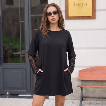 Lace Sleeve Solid Mini Dresses